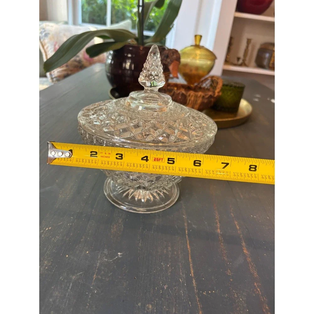 Vintage Clear Pressed Glass Candy Dish with Lid Diamond Point Pedestal Compote